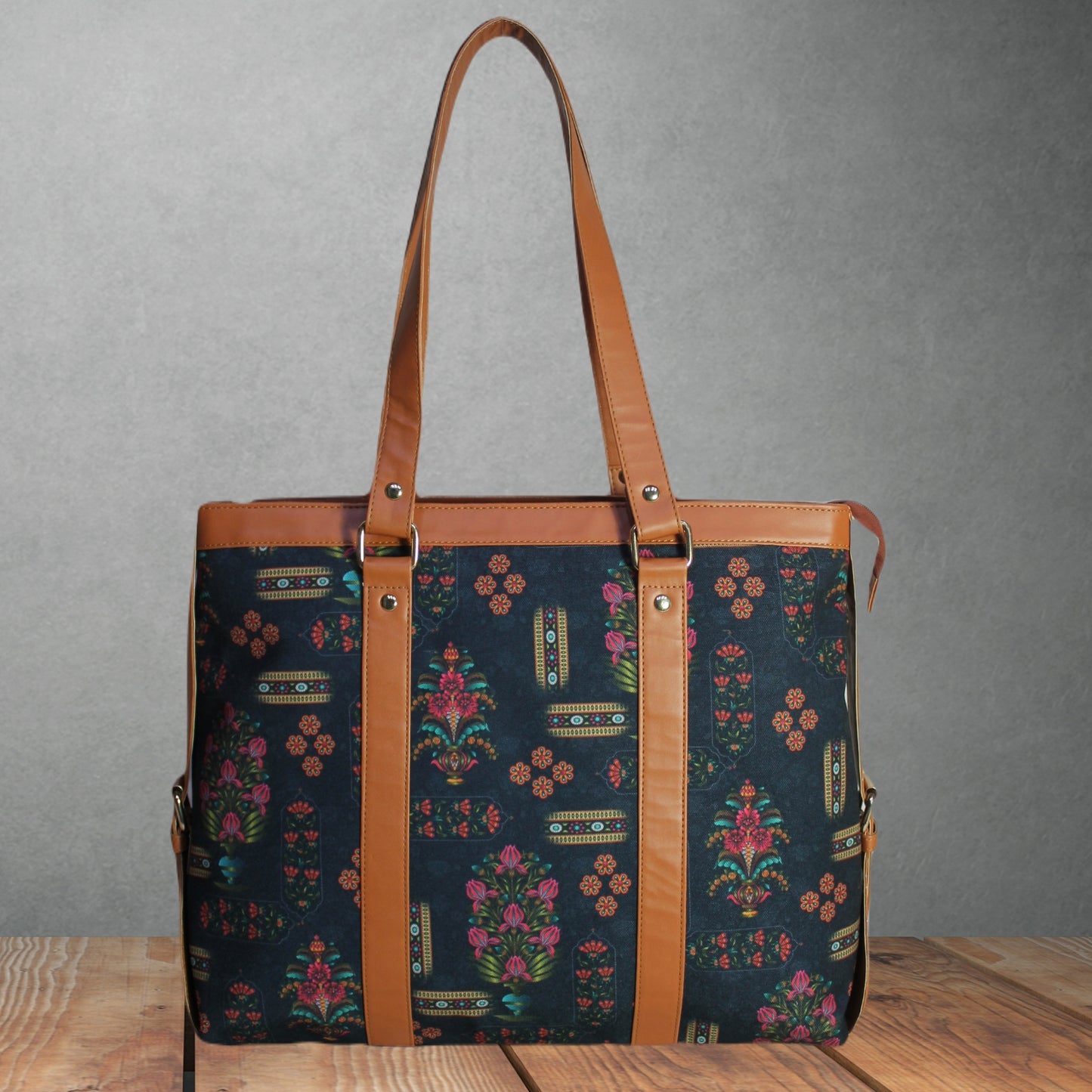 BLACK FLORAL MOTIFS OFFICE TOTE BAG