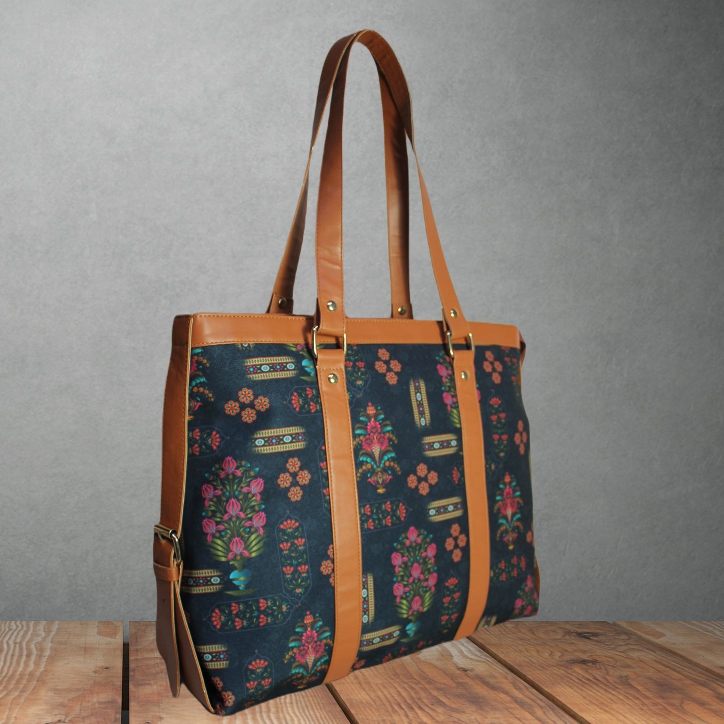 BLACK FLORAL MOTIFS OFFICE TOTE BAG
