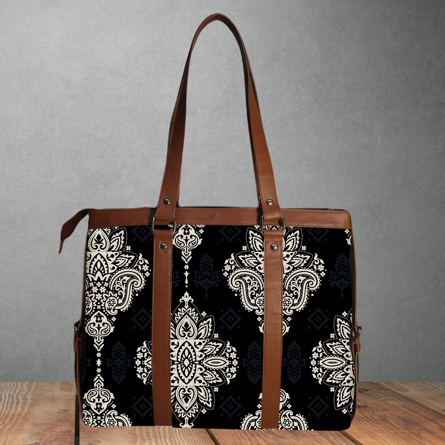 BLACK BIG PAISLEY PRINTED OFFICE TOTE BAG