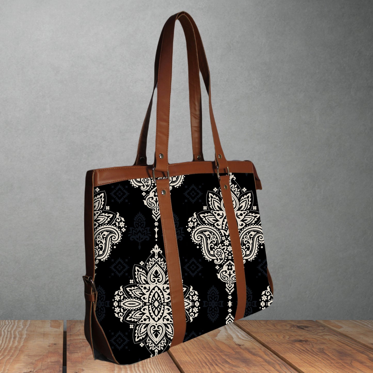 BLACK BIG PAISLEY PRINTED OFFICE TOTE BAG