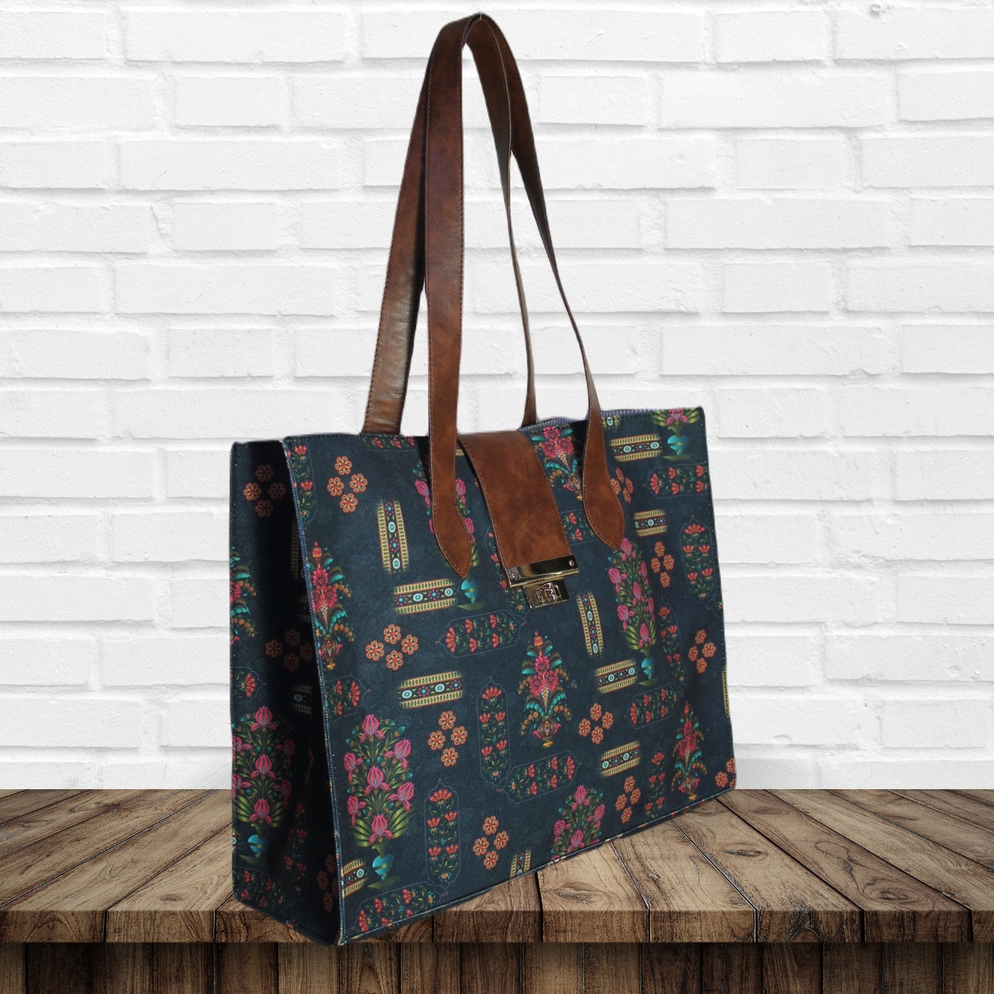Ethnic Floral Motifs Print Canvas Tote Bag