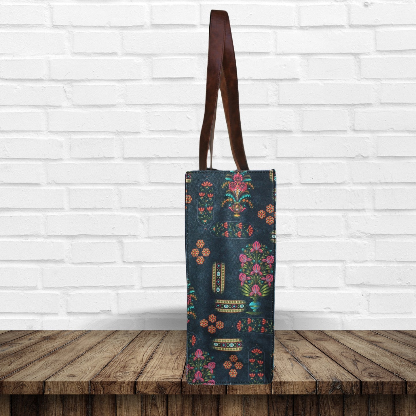 Ethnic Floral Motifs Print Canvas Tote Bag