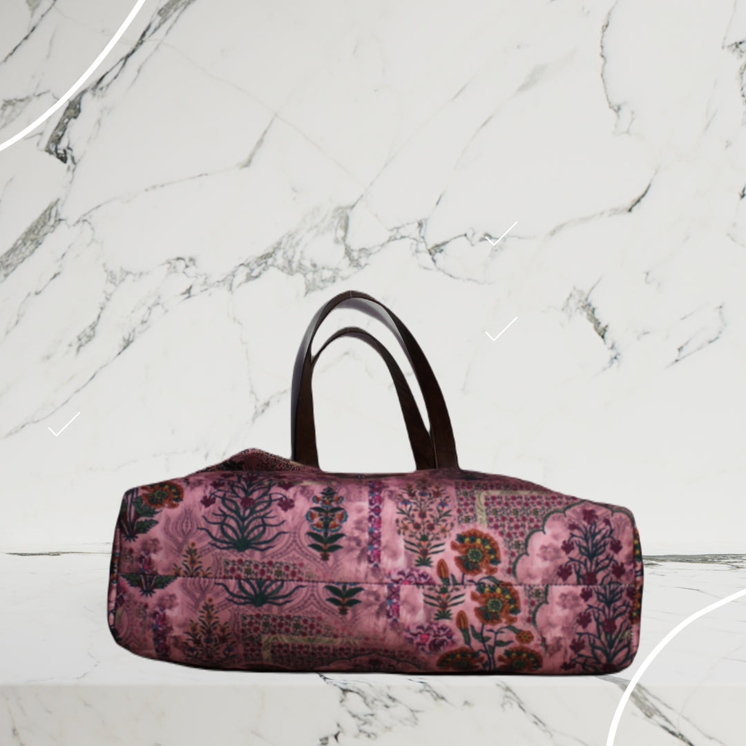 PINK JAIPURI FLORAL MOTIFS TOTE BAG