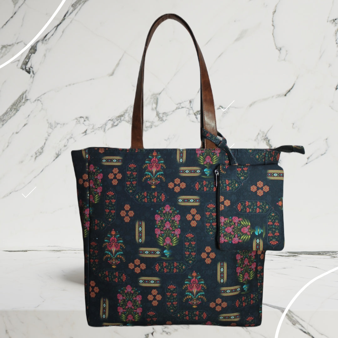 FLORAL MOTIFS PRINT TOTE BAG