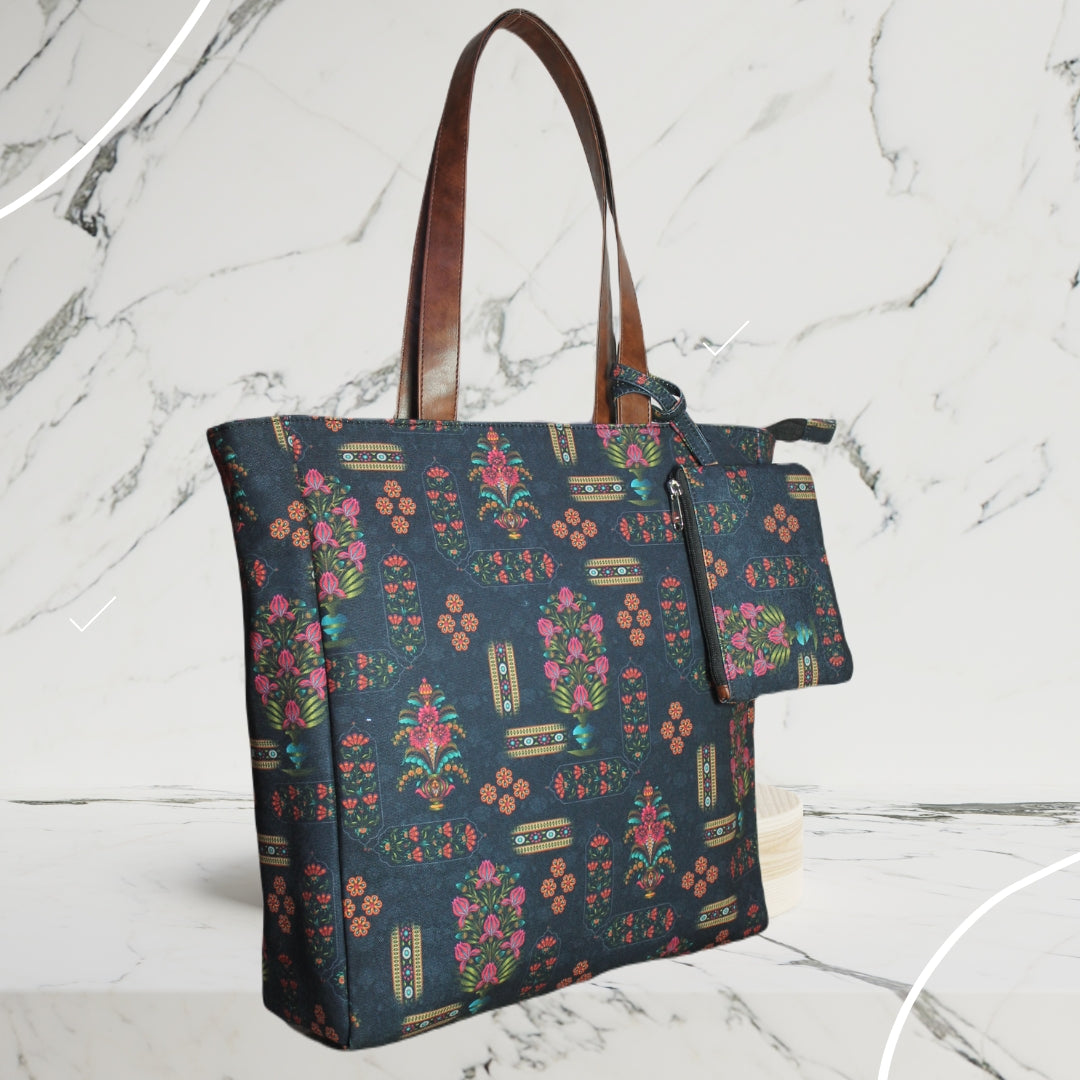 FLORAL MOTIFS PRINT TOTE BAG