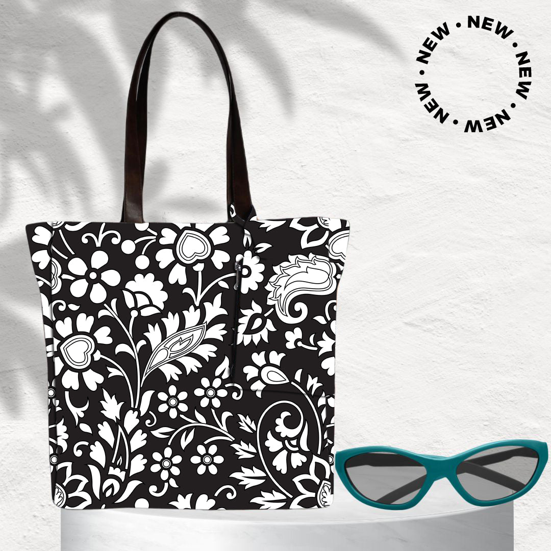 BLACK FLORAL PRINT TOTE BAG
