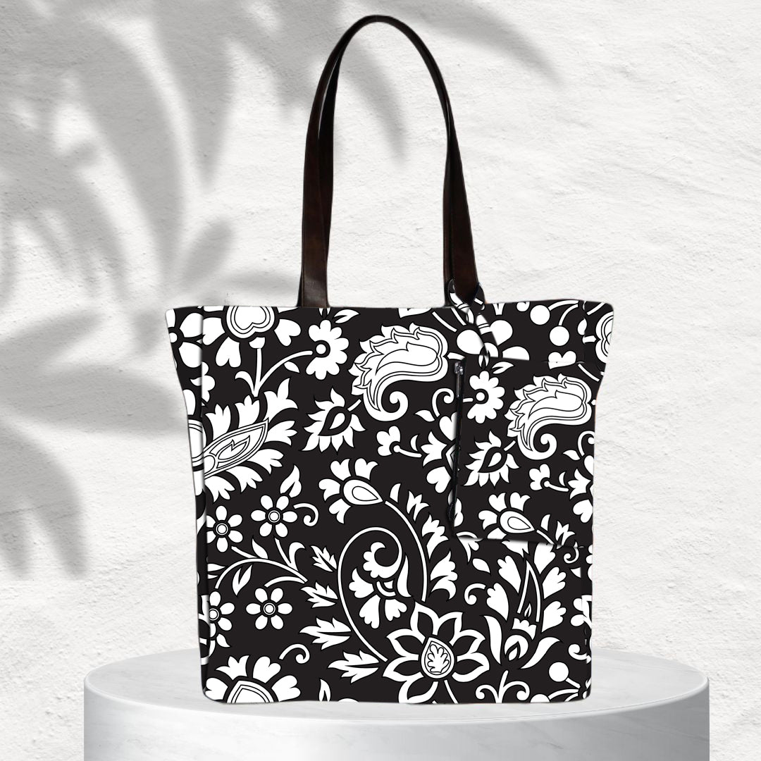 BLACK FLORAL PRINT TOTE BAG