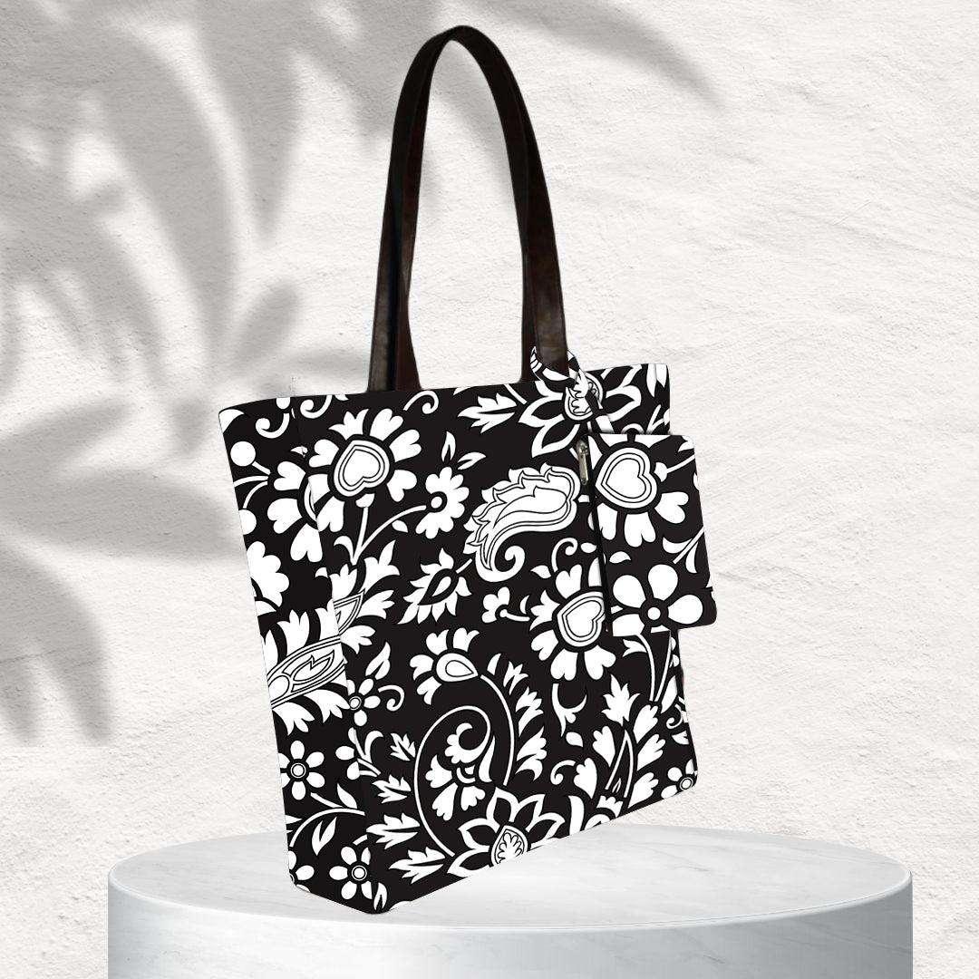 BLACK FLORAL PRINT TOTE BAG