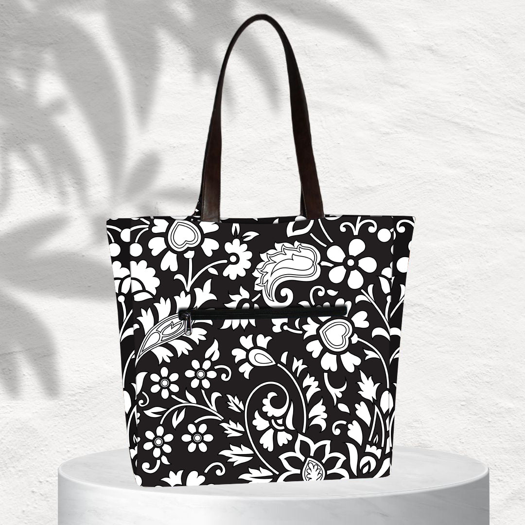 BLACK FLORAL PRINT TOTE BAG