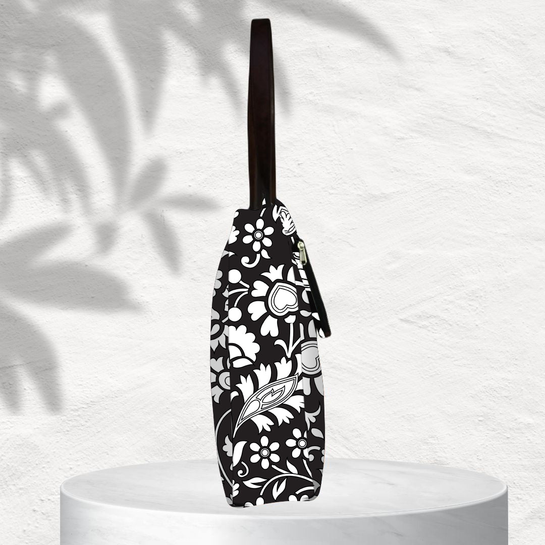BLACK FLORAL PRINT TOTE BAG