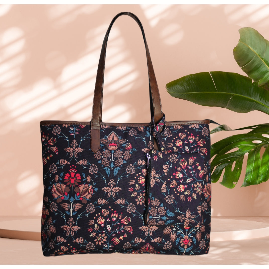 ETHNIC FLORAL PRINT TOTE BAG