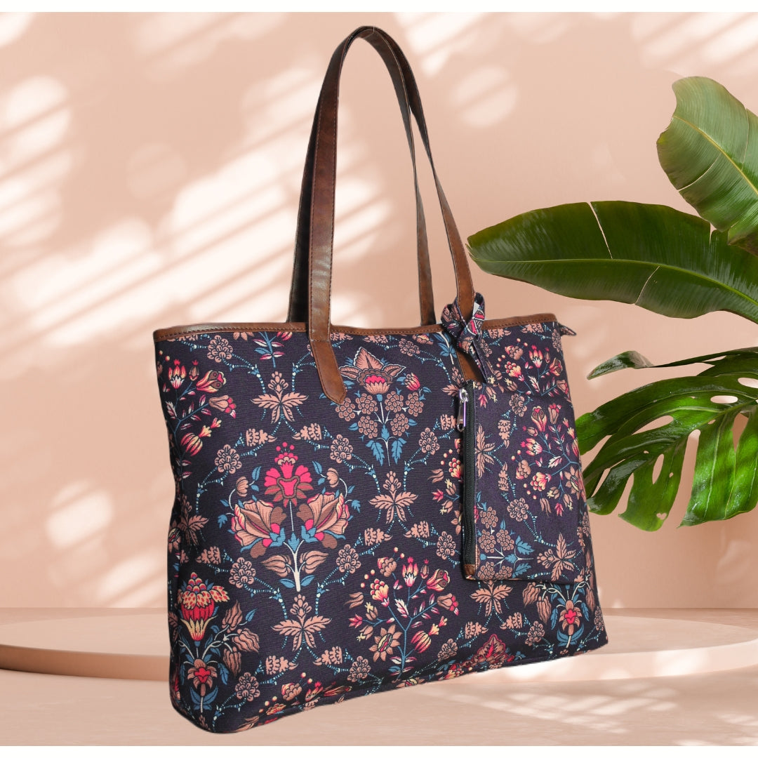 ETHNIC FLORAL PRINT TOTE BAG