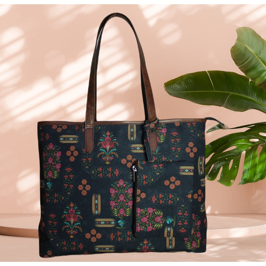ETHNIC FLORAL MOTIFS PRINT TOTE BAG