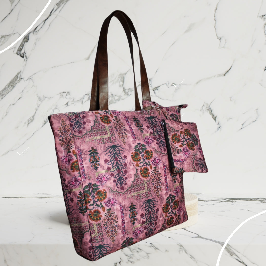 PINK JAIPURI FLORAL MOTIFS TOTE BAG