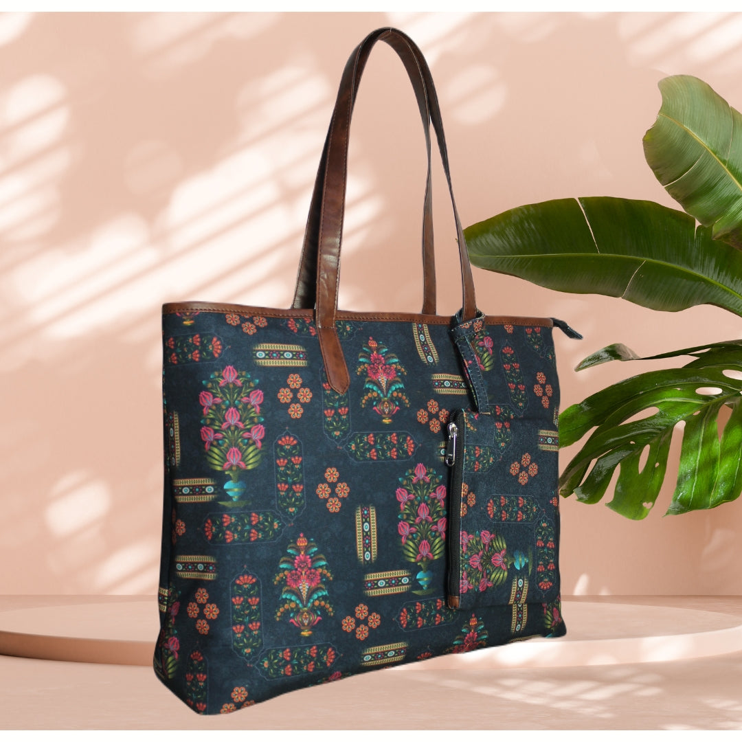 ETHNIC FLORAL MOTIFS PRINT TOTE BAG