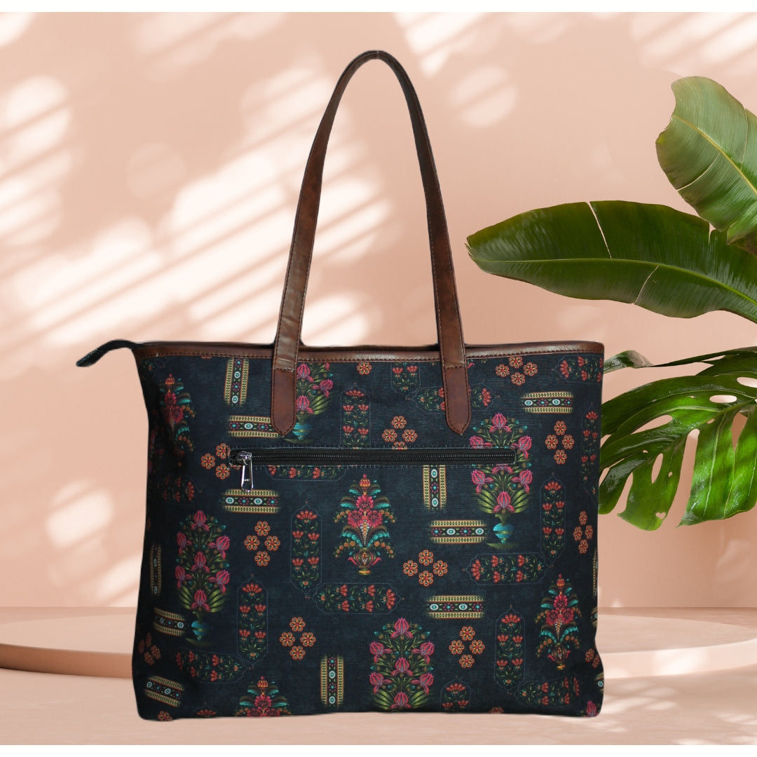 ETHNIC FLORAL MOTIFS PRINT TOTE BAG