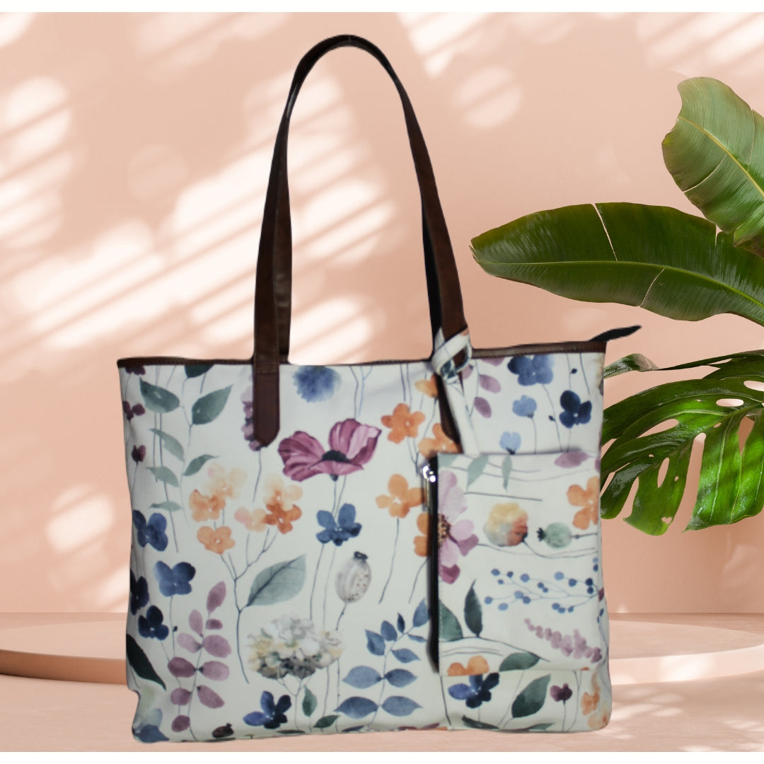 WATER COLOUR FLORAL PRINT TOTE BAG