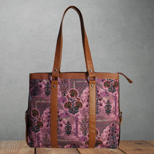 ETHNIC JAIPURI FLORAL MOTIFS PRINTED CANVAS OFFICE TOTE BAG