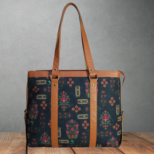 BLACK FLORAL MOTIFS OFFICE TOTE BAG