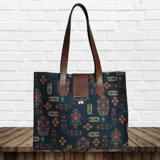 Ethnic Floral Motifs Print Canvas Tote Bag