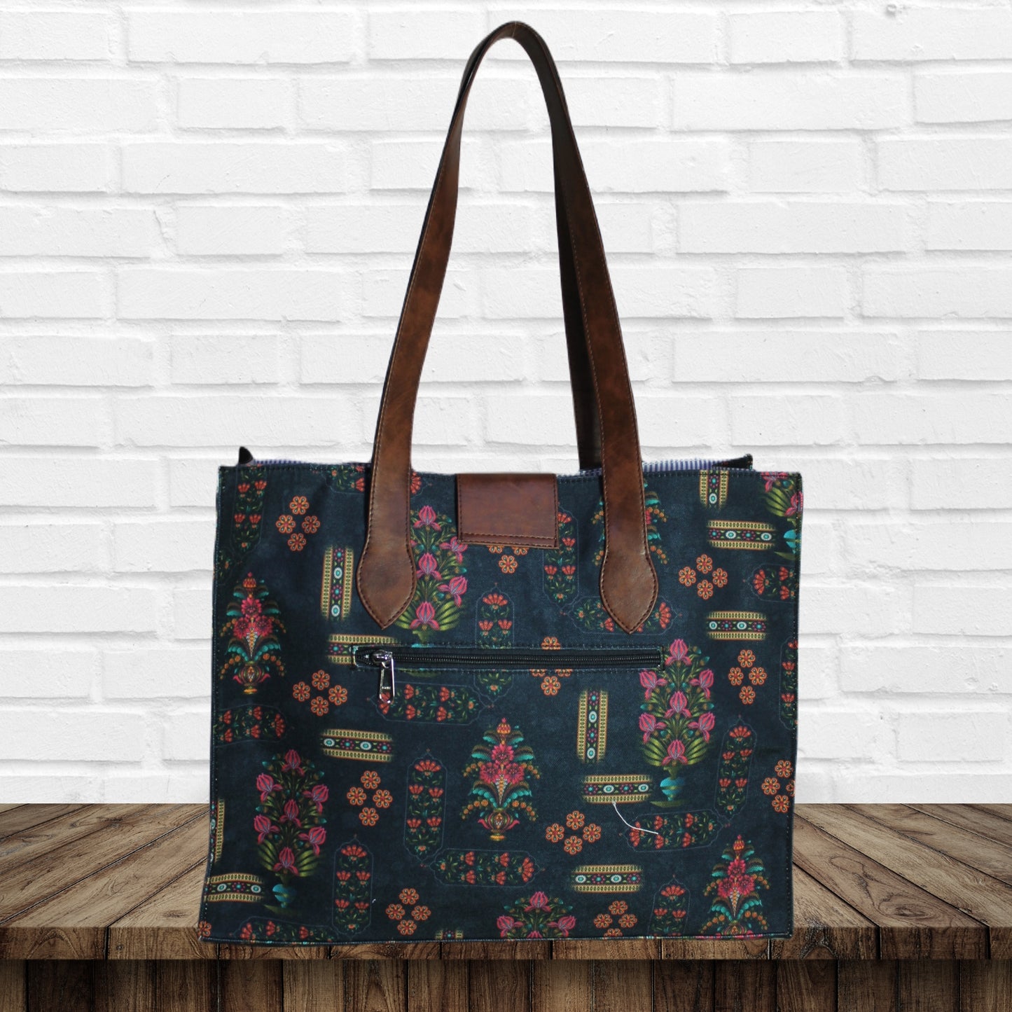 Ethnic Floral Motifs Print Canvas Tote Bag