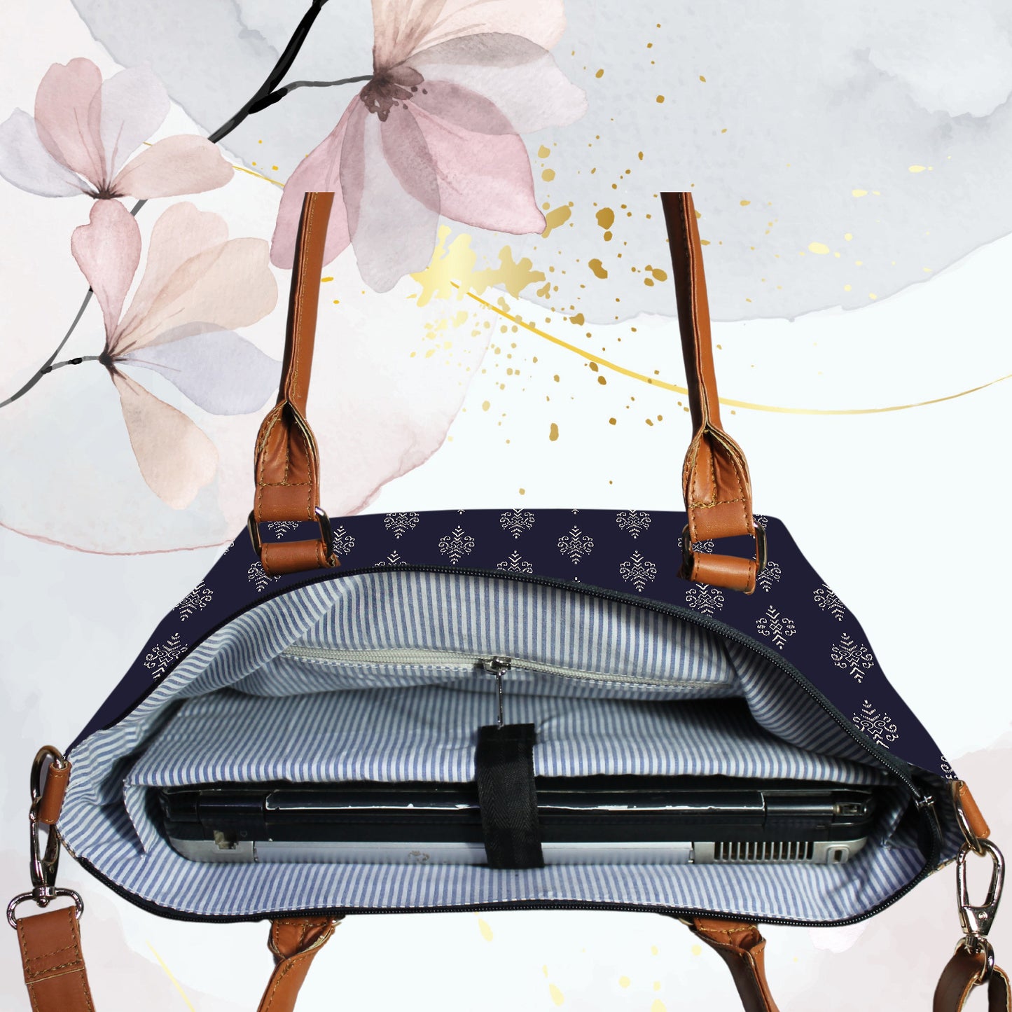 Blue Small Paisley Floral Print Canvas Tote Bag