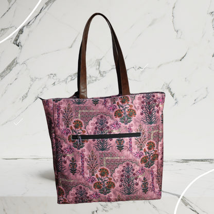 PINK JAIPURI FLORAL MOTIFS TOTE BAG