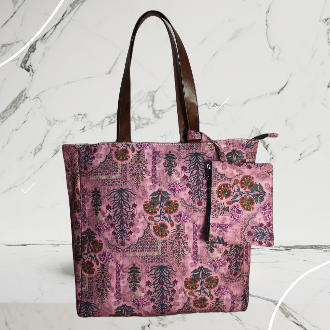 PINK JAIPURI FLORAL MOTIFS TOTE BAG