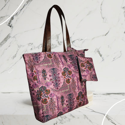 PINK JAIPURI FLORAL MOTIFS TOTE BAG