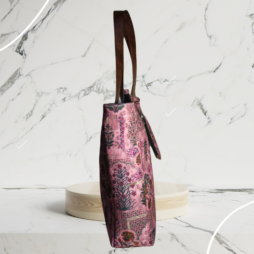 PINK JAIPURI FLORAL MOTIFS TOTE BAG