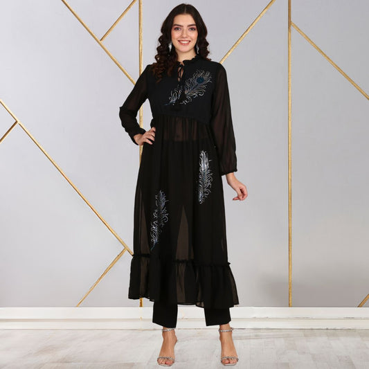 ✨ Peacock Feather Sequin Motifs Georgette Tunic & Pant Set for Women