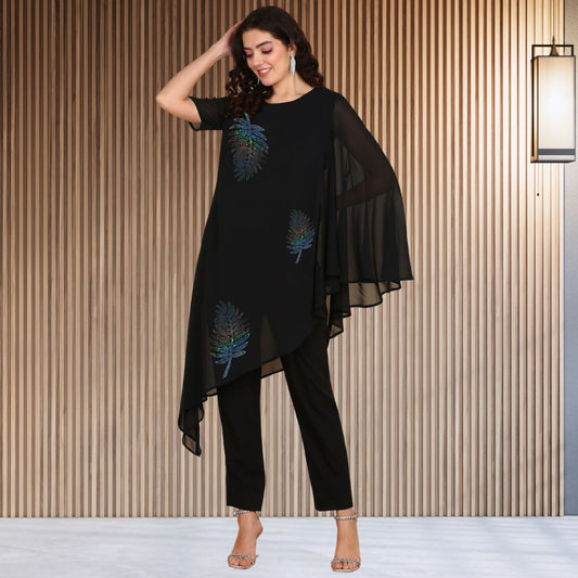 Asymmetric Sequin Embellished Women’s Georgette Top & Pant Co-Ord Set – Festive Party Wear
