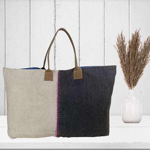 Elegant Linen Color Block Handbag with Genuine Leather Handles