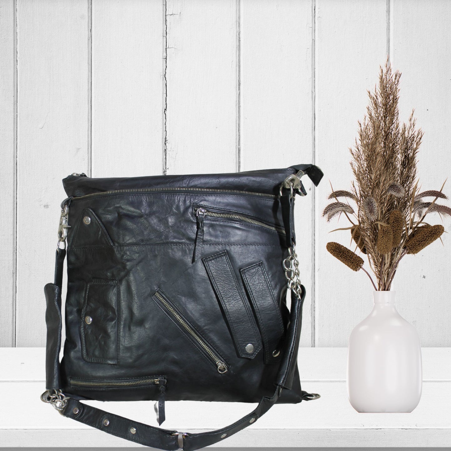 Black Leather Zipper Tote Bag