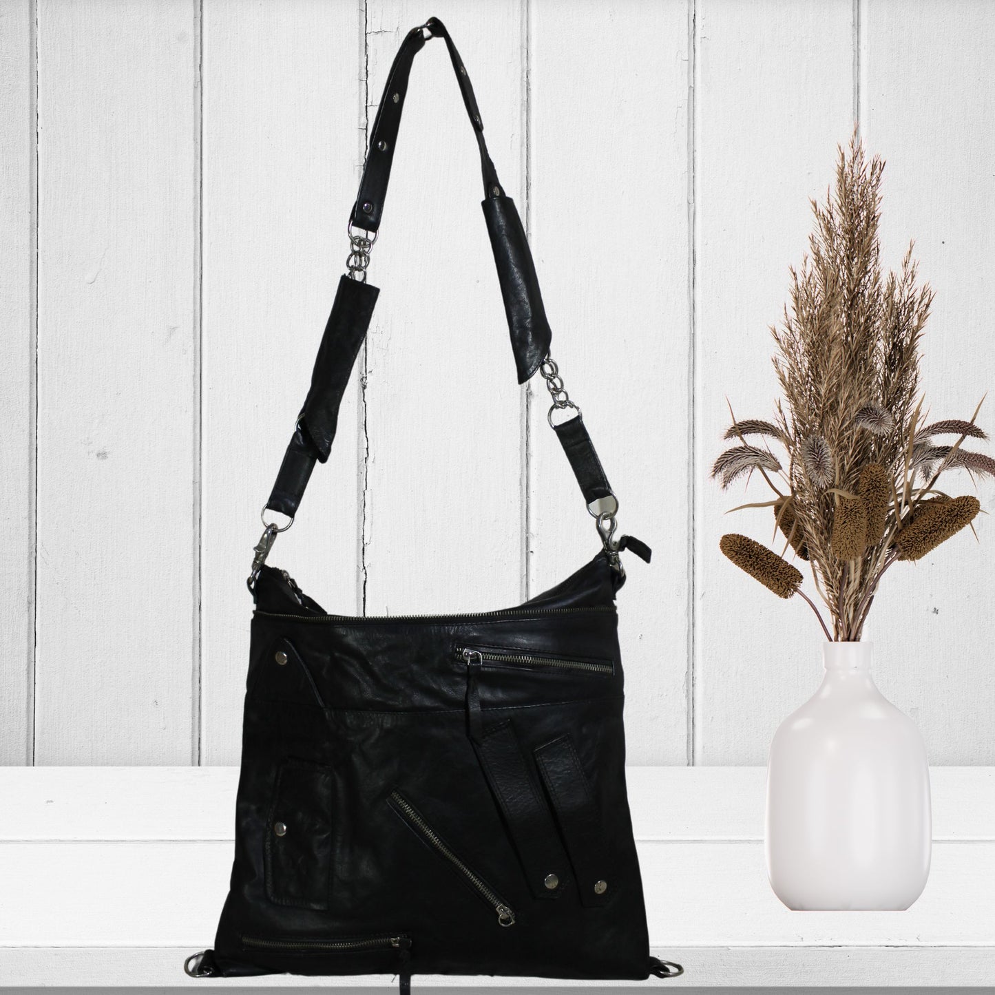 Black Leather Zipper Tote Bag