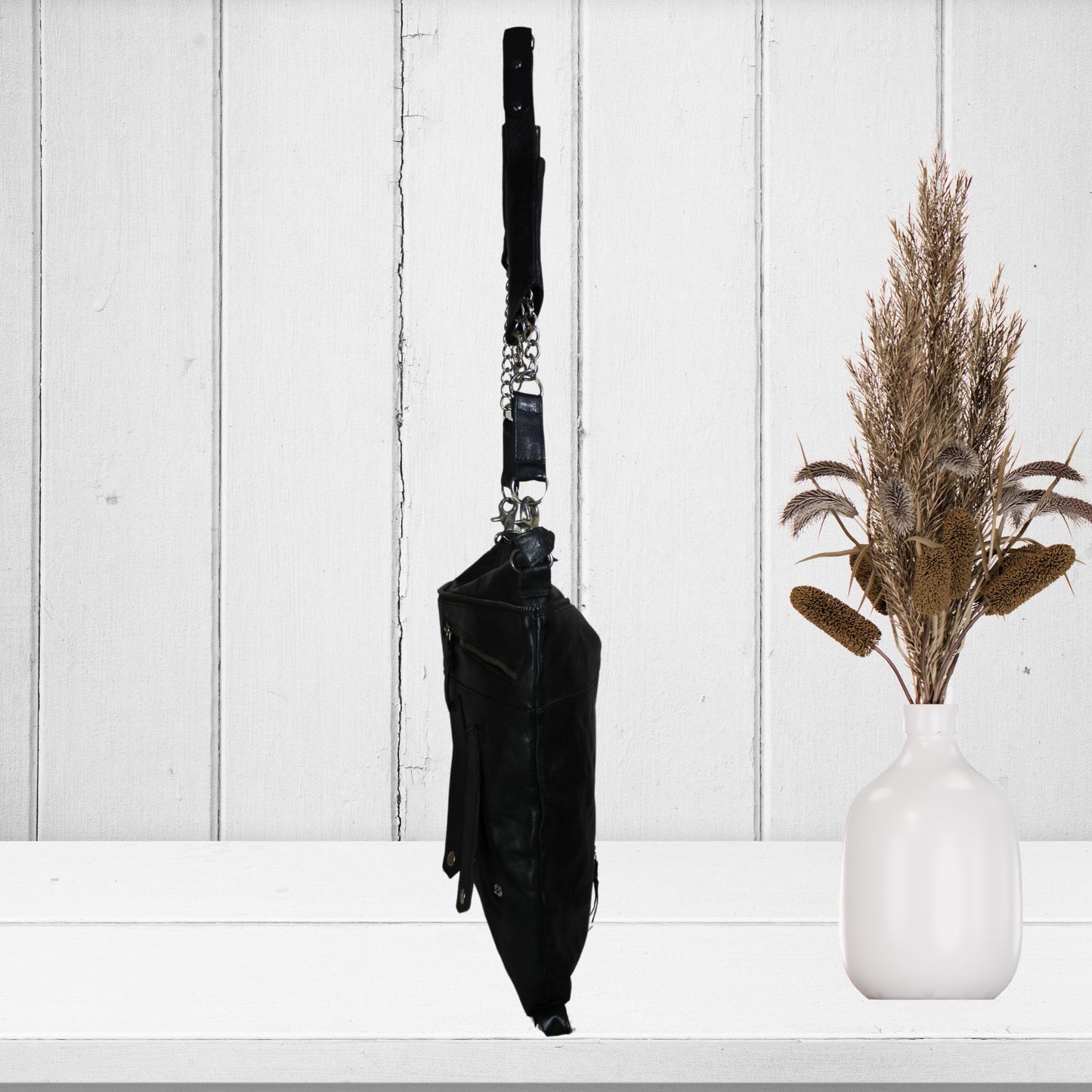 Black Leather Zipper Tote Bag