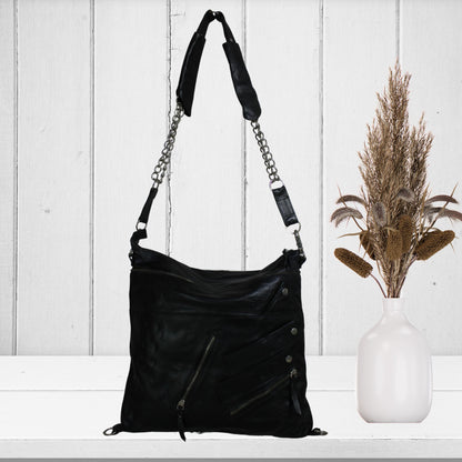 Black Leather Zipper Tote Bag