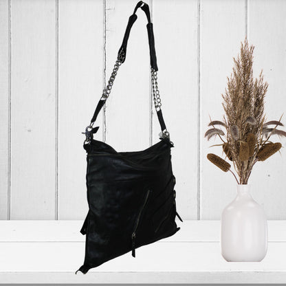 Black Leather Zipper Tote Bag