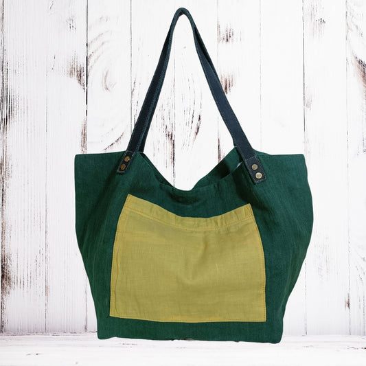 Large Linen Handbag with Wide Stripe Back – Modern Classic Everyday Tote