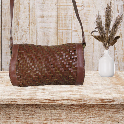 Barrel Leather Bag with Twill Weave