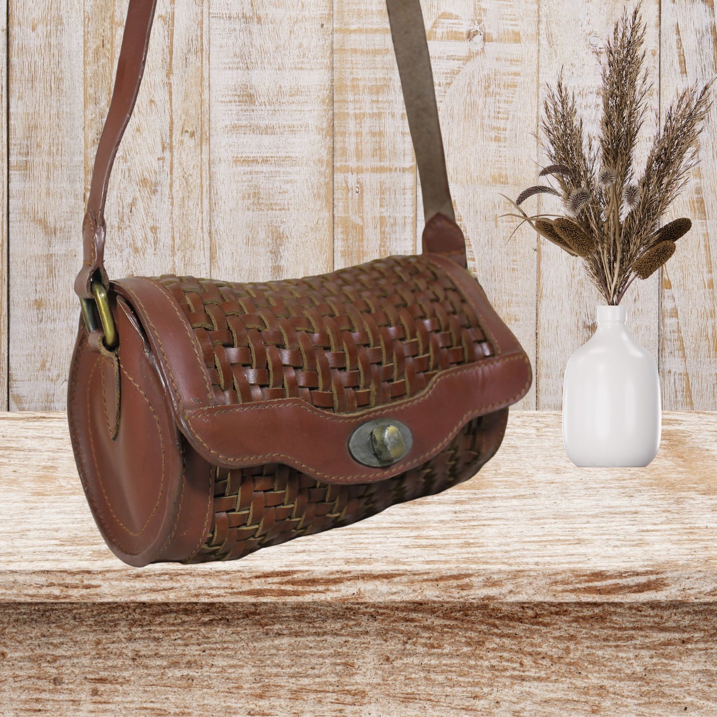 Barrel Leather Bag with Twill Weave