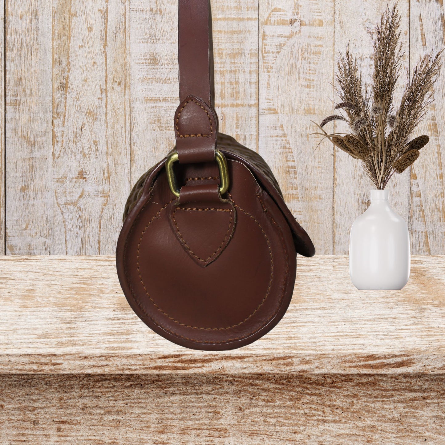 Barrel Leather Bag with Twill Weave